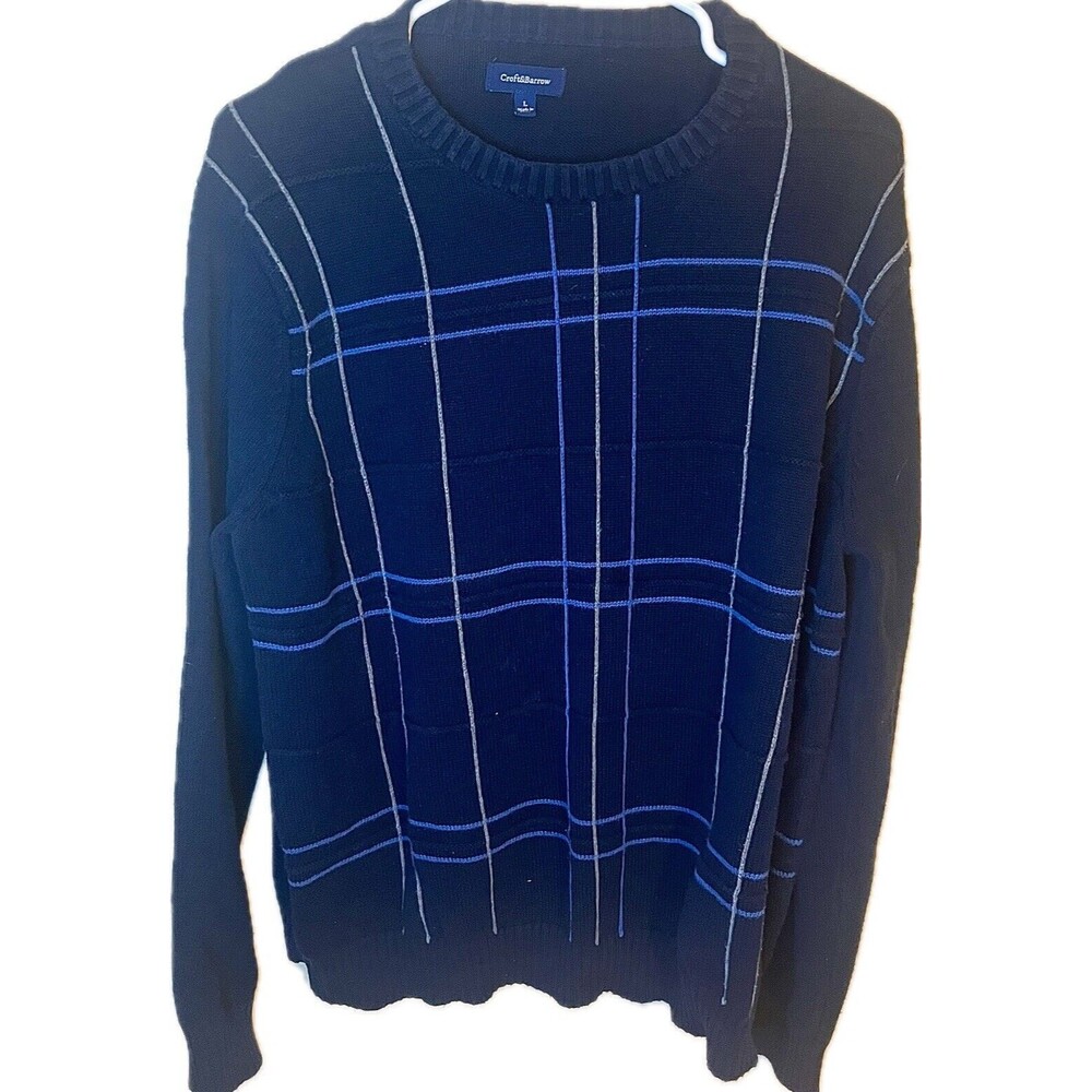 Croft & Barrow sweater Men’s Medium Navy Blue Stripes Crewneck Cotton Comfort